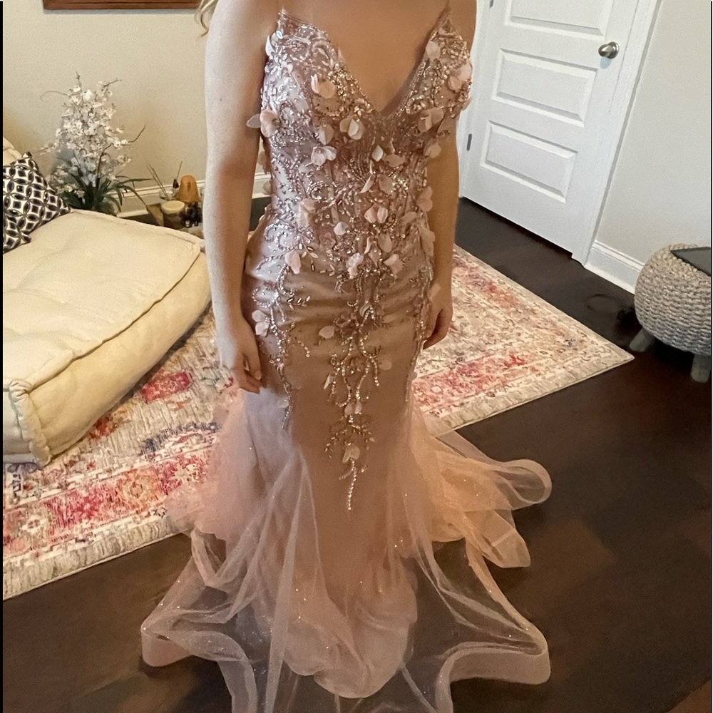 Jovani 05839 Blush Plunging Neck Mermaid Prom Dress